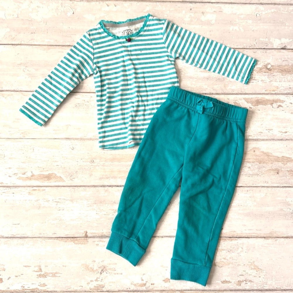 Carters 12m Baby Girl Outfit Teal Striped Shirt Joggers Sweatpants Pants